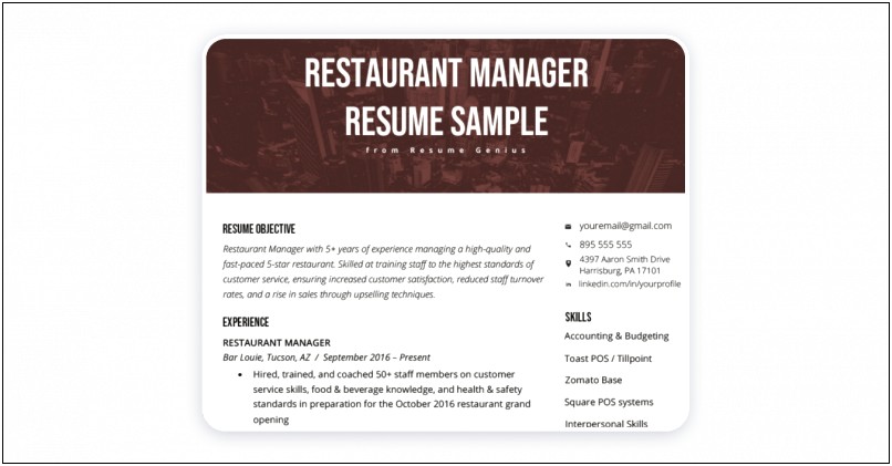 Resume Obectice For Resturant Manager