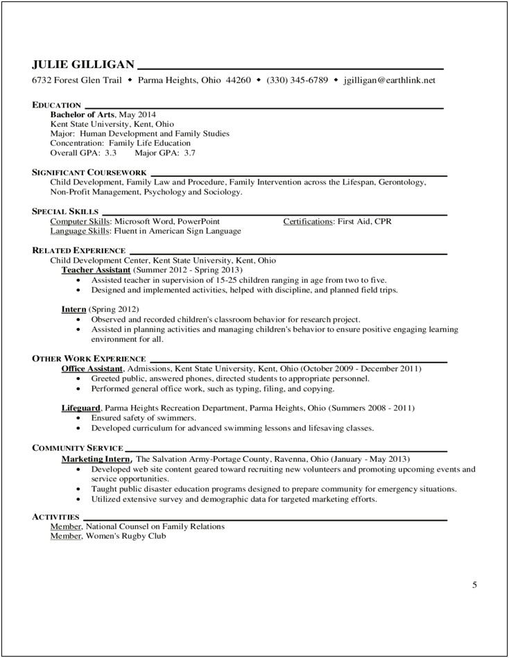 Resume Objection For A Recreaction Job