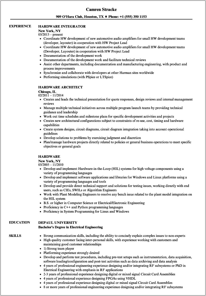 Resume Objective 50 50 Hardware