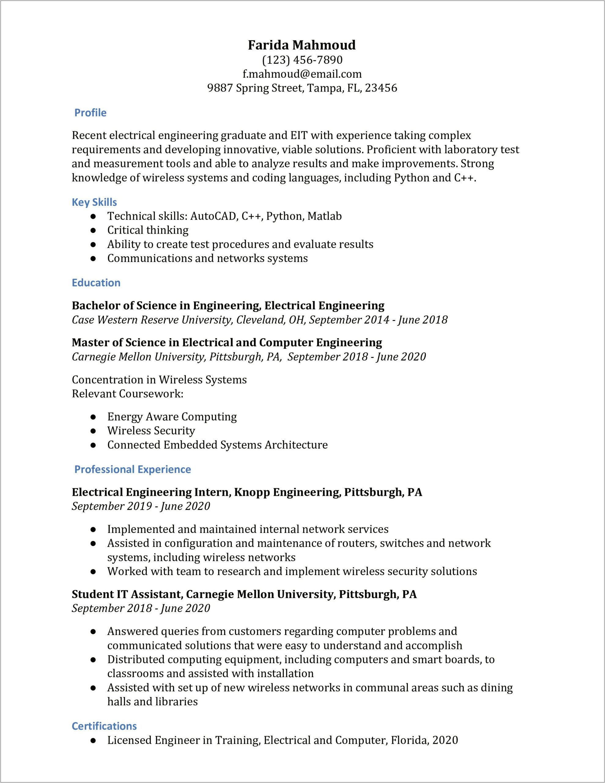Resume Objective Electrical Engineer Internship