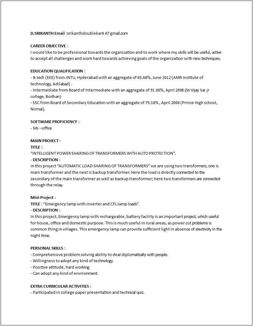 Resume Objective Entry Level Electrical Engineer