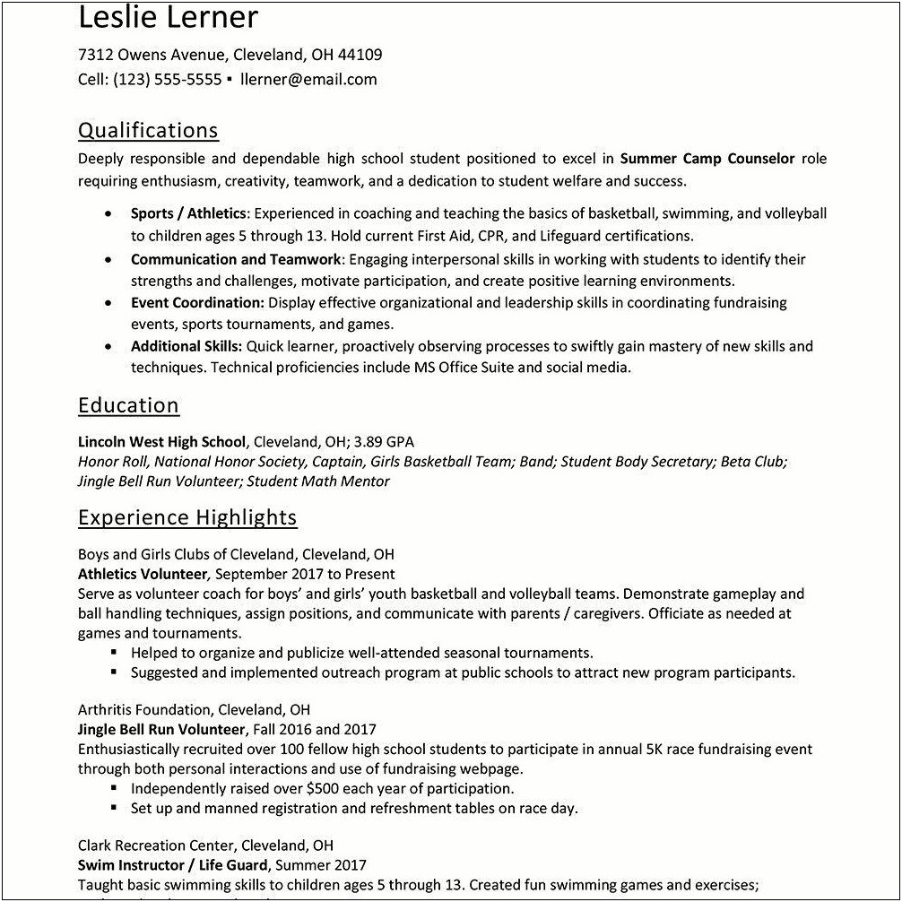 Resume Objective Example For High School Student
