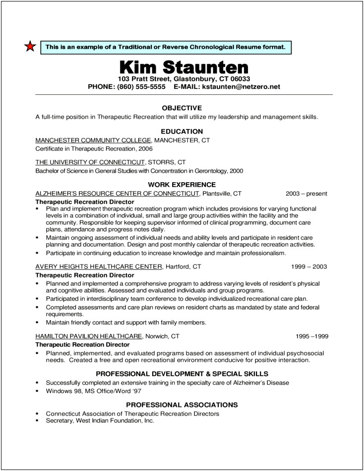 Resume Objective Example For Recreation