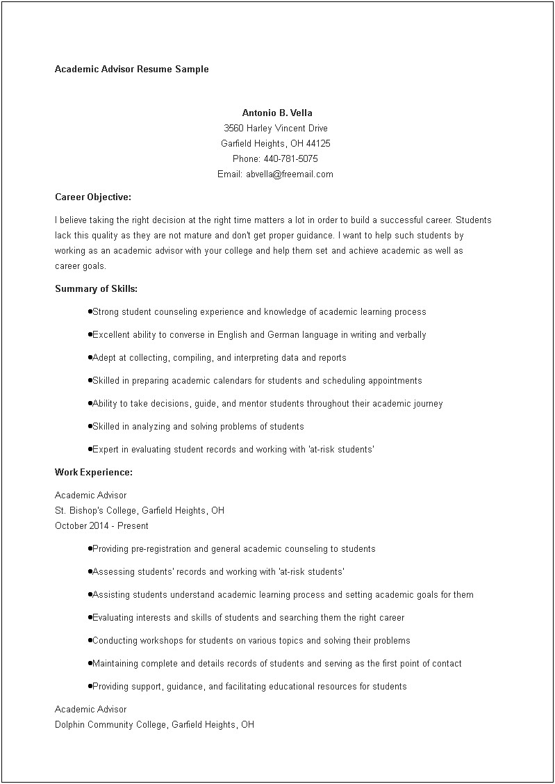 Resume Objective Examples Academic Advisor
