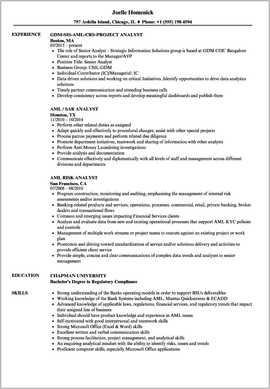 Resume Objective Examples Aml Analyst