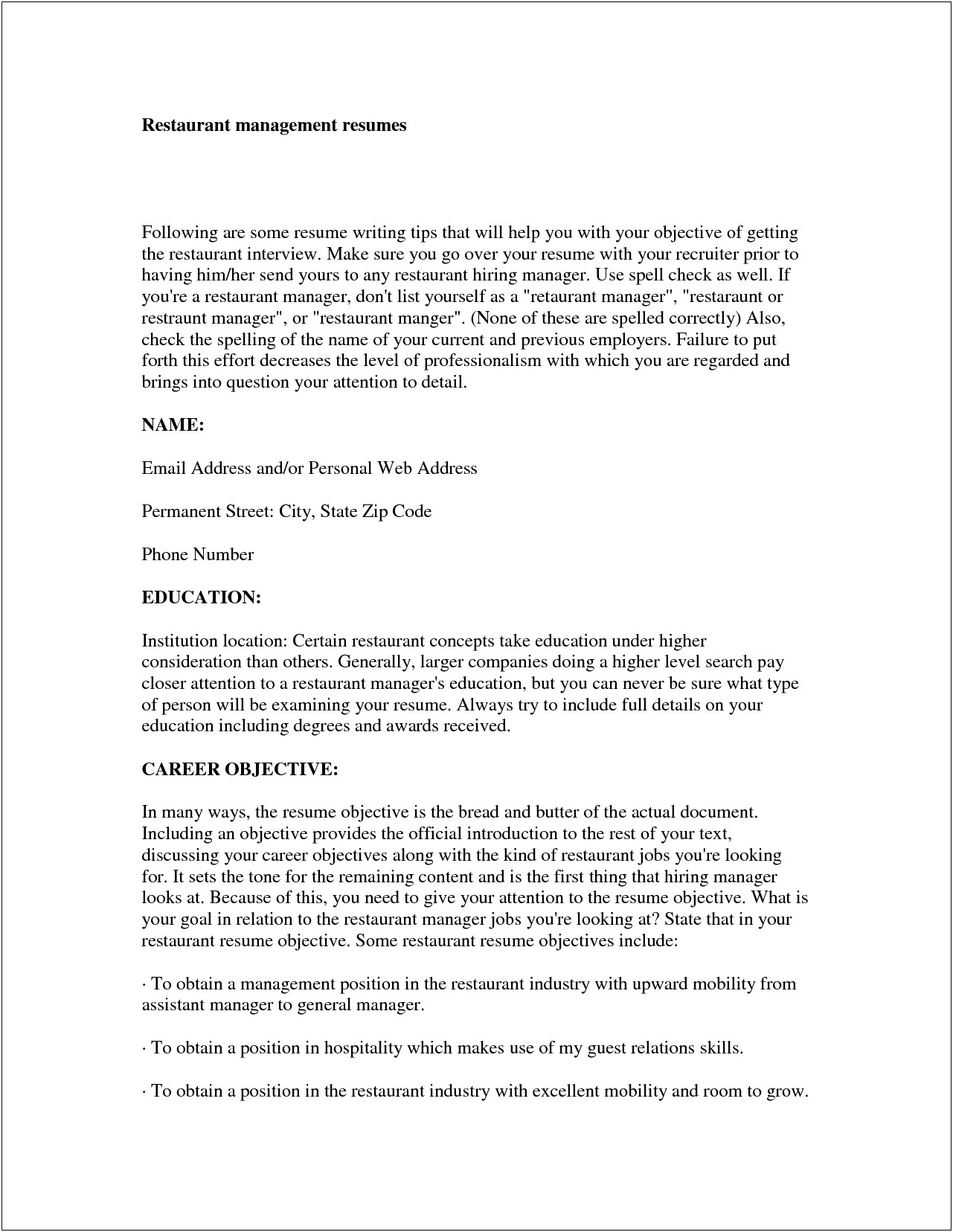 Resume Objective Examples Business Development