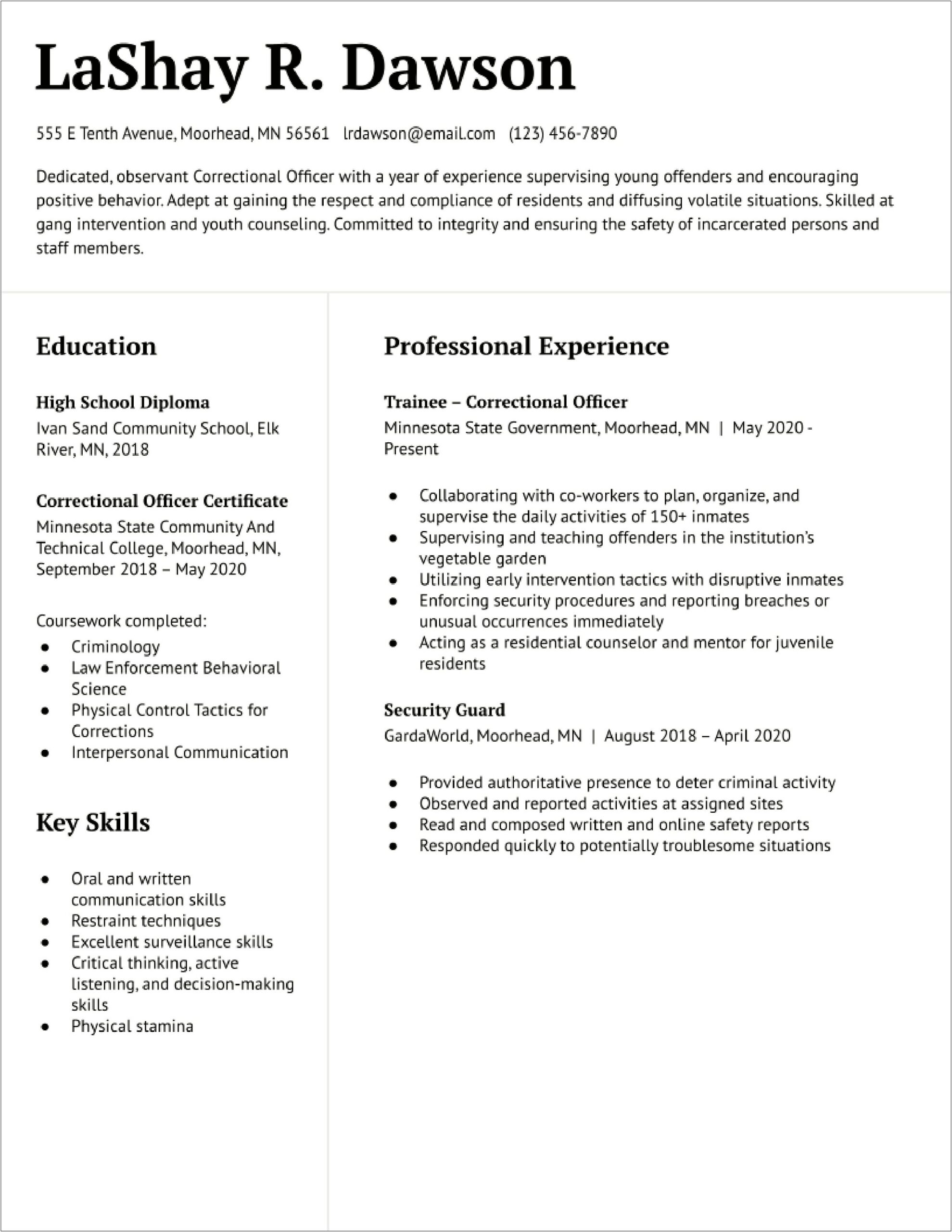 Resume Objective Examples Correctional Officer
