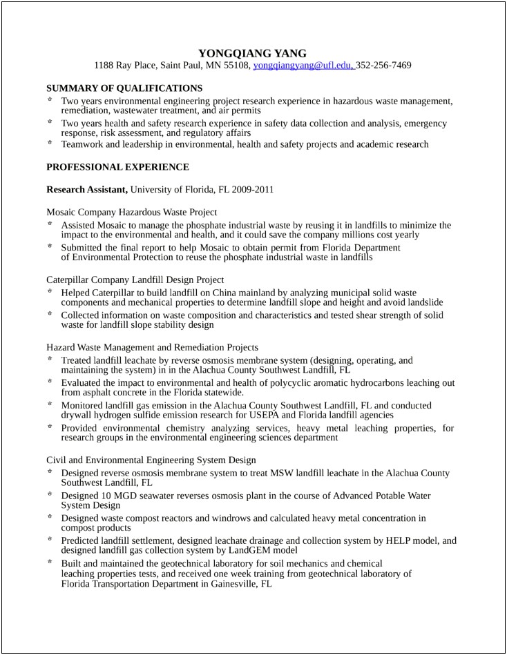 Resume Objective Examples Environmental Engineering