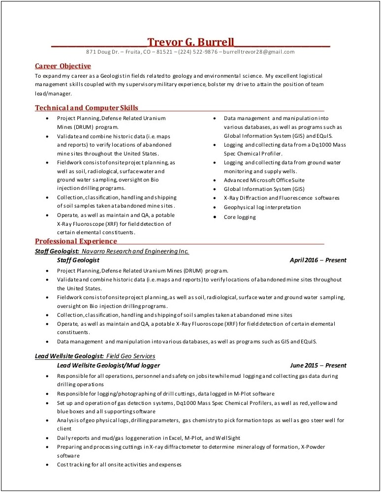 Resume Objective Examples Environmental Science