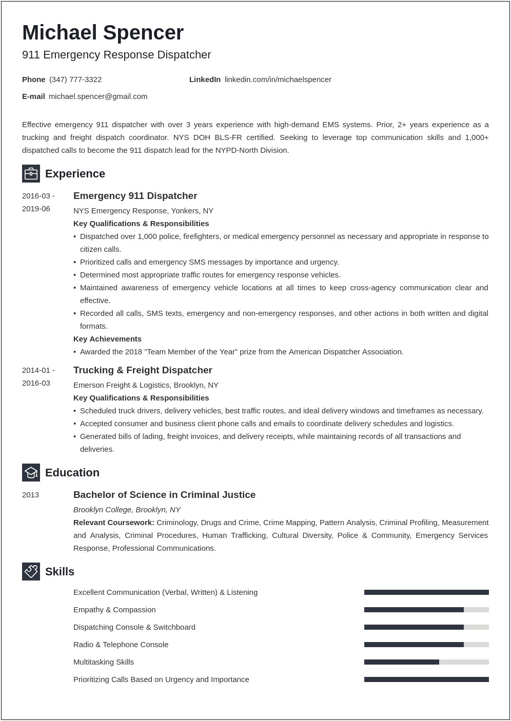 Resume Objective Examples For 911 Dispatcher