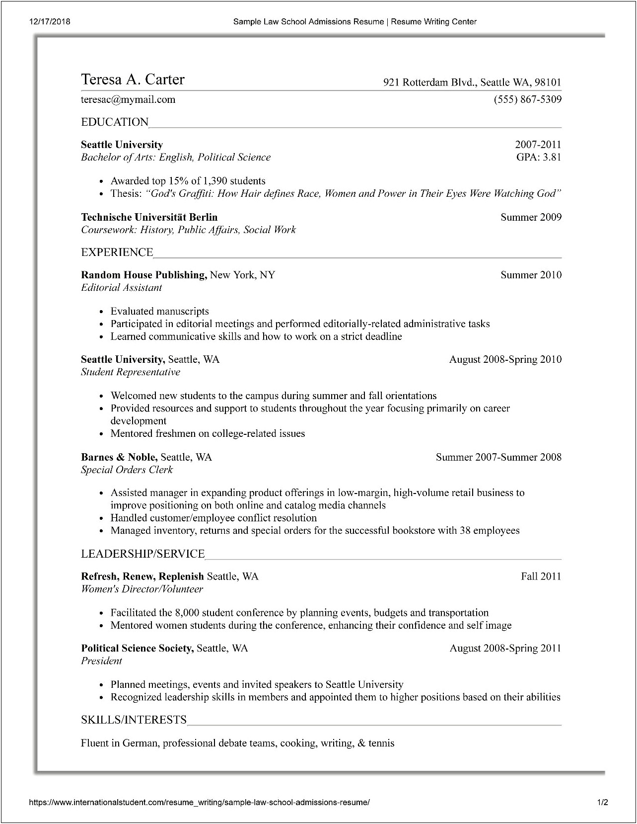 Resume Objective Examples For A College Student