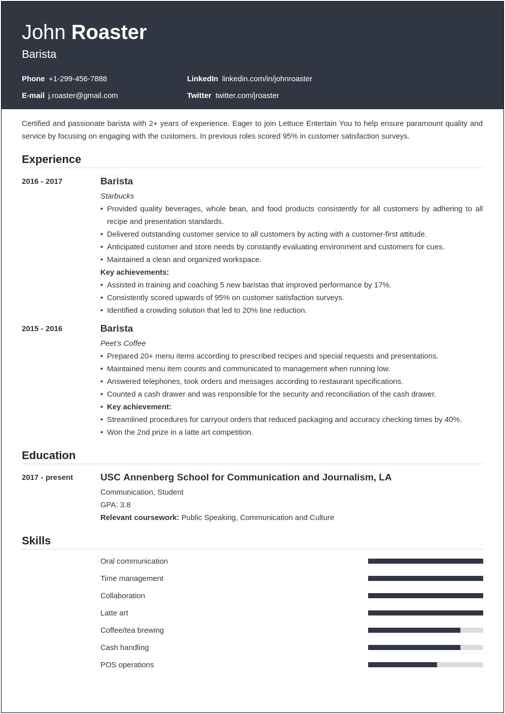 Resume Objective Examples For Coffee Shop