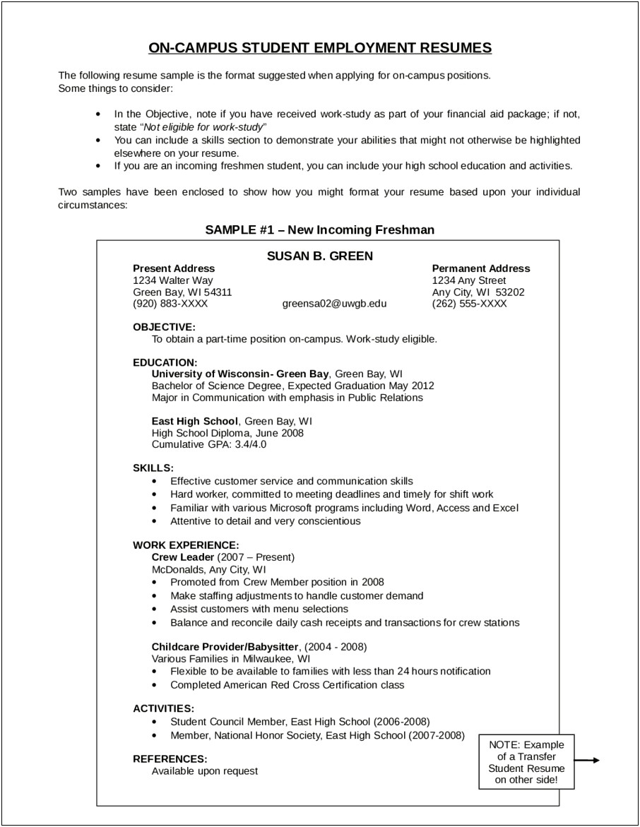 Resume Objective Examples For College Summer Job