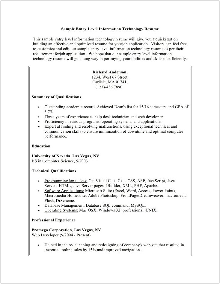 Resume Objective Examples For Computer Science