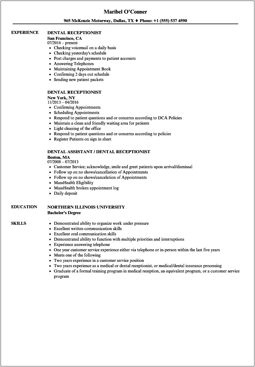 Resume Objective Examples For Dental Receptionist