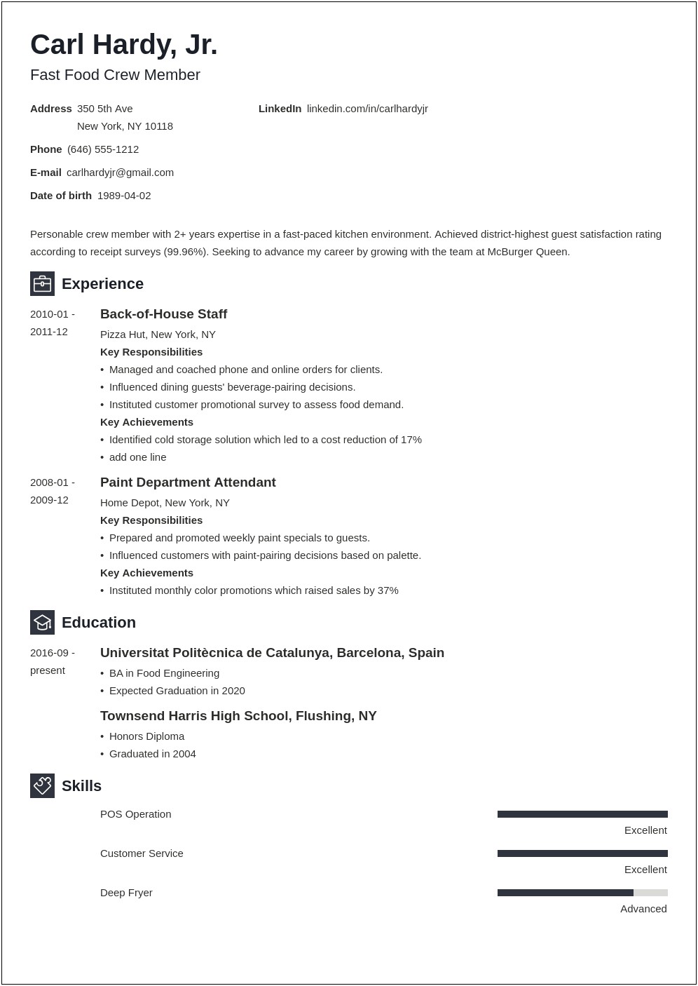 Resume Objective Examples For Fast Food Cashier