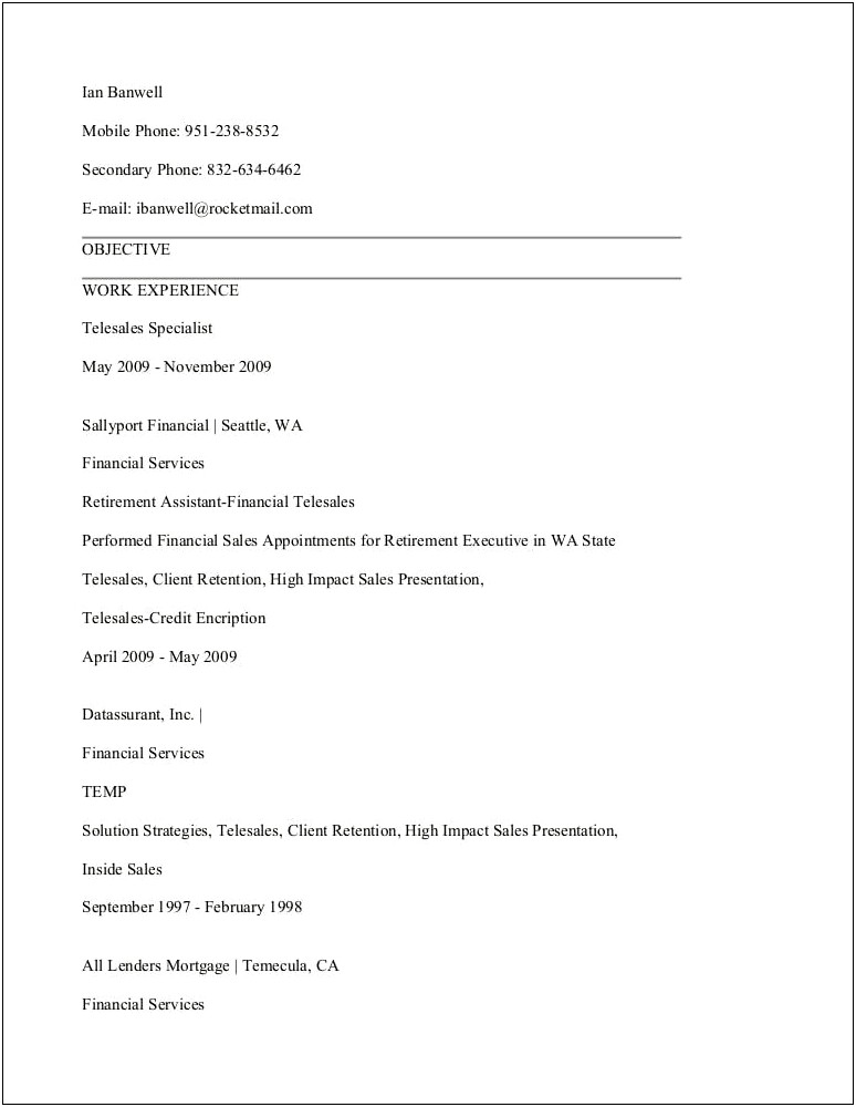 Resume Objective Examples For Financial Services