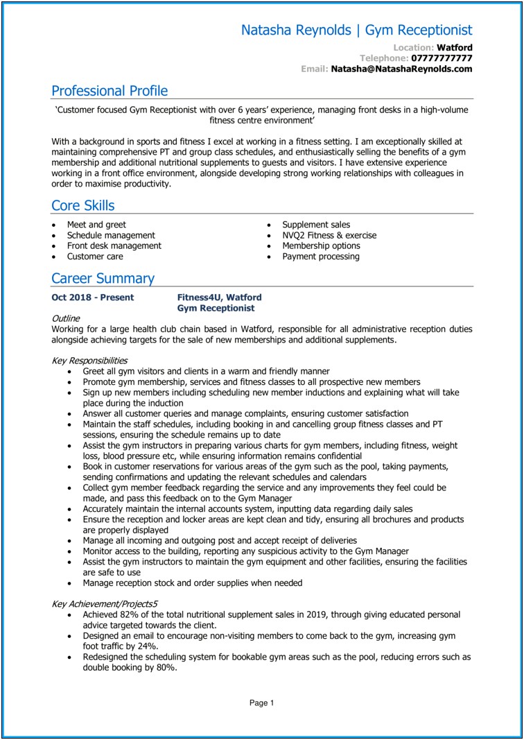 Resume Objective Examples For Front Desk At Gym