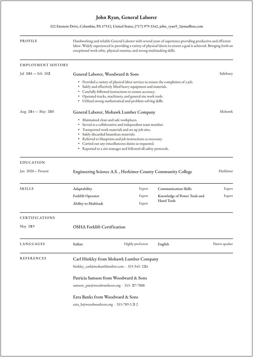 Resume Objective Examples For General Labor
