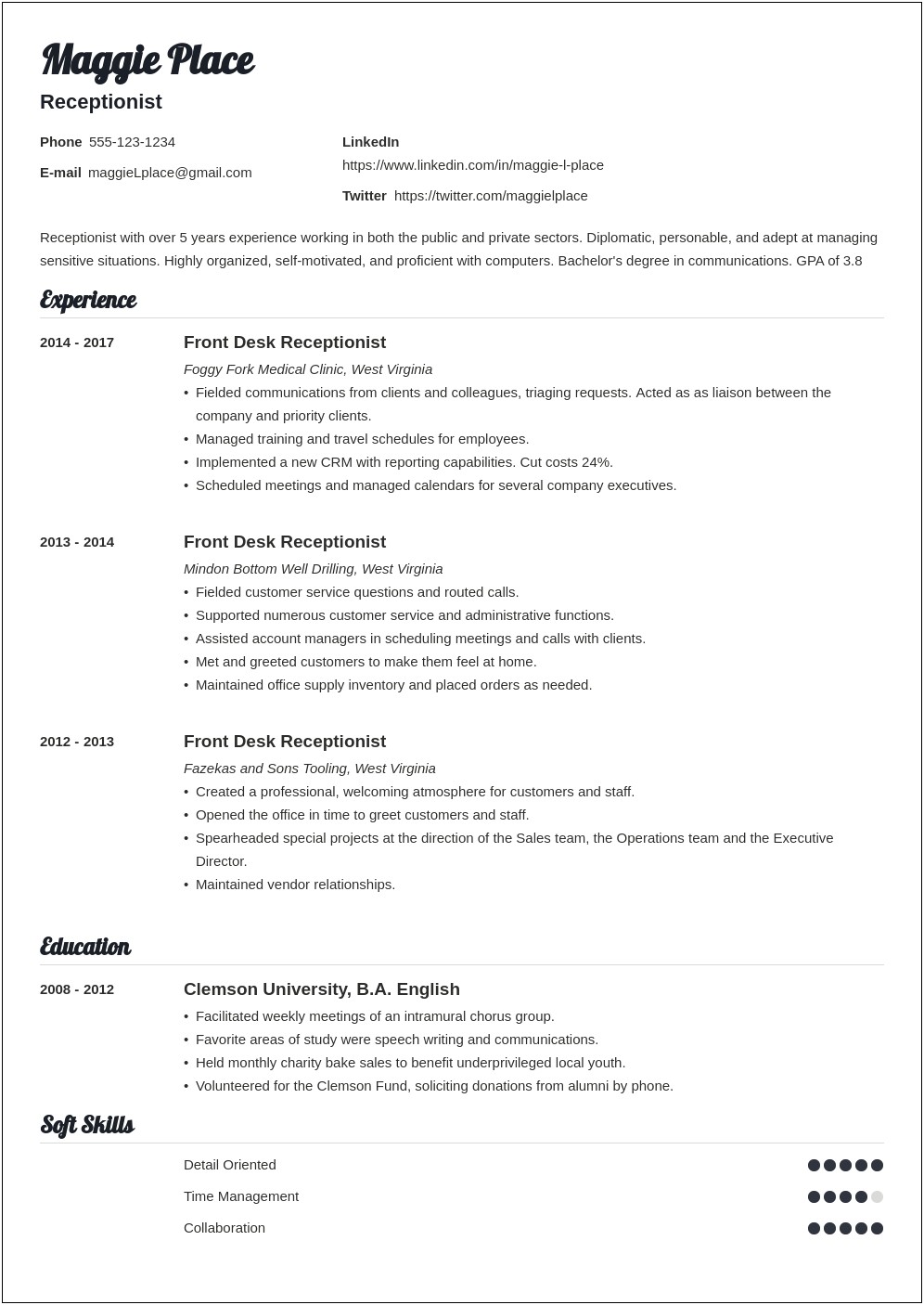 Resume Objective Examples For Gym Receptionist
