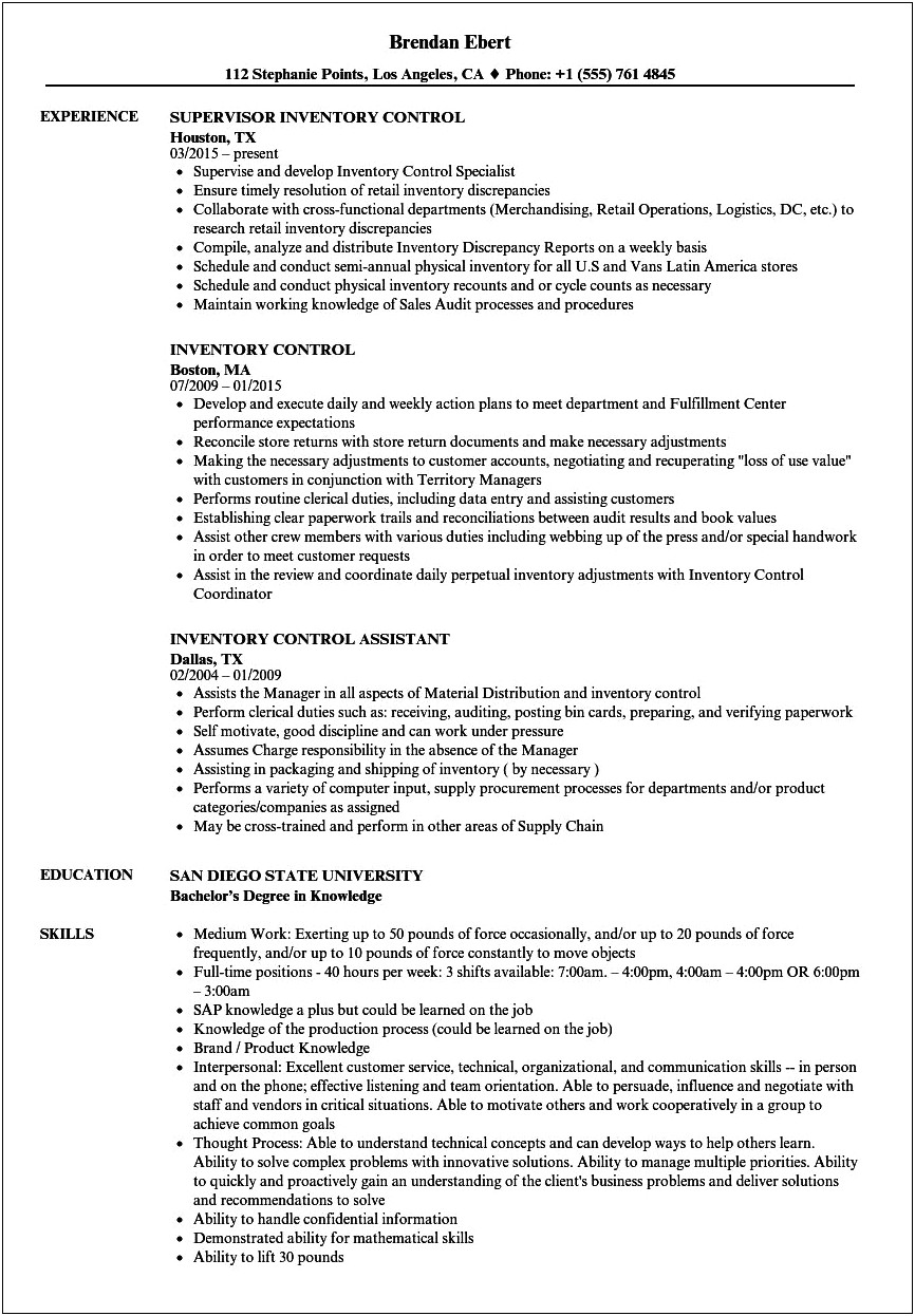 Resume Objective Examples For Inventory Control