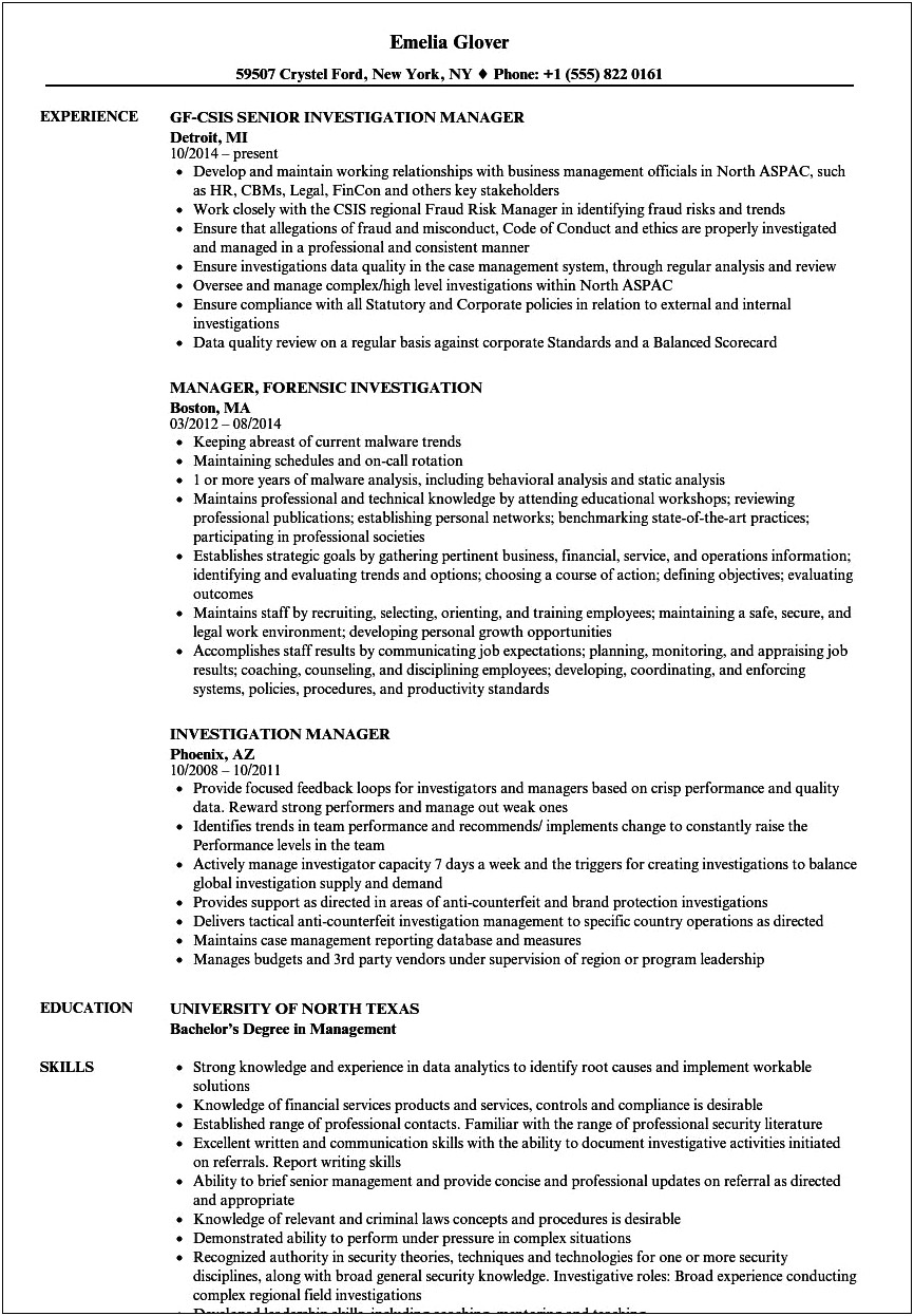 Resume Objective Examples For Investigator