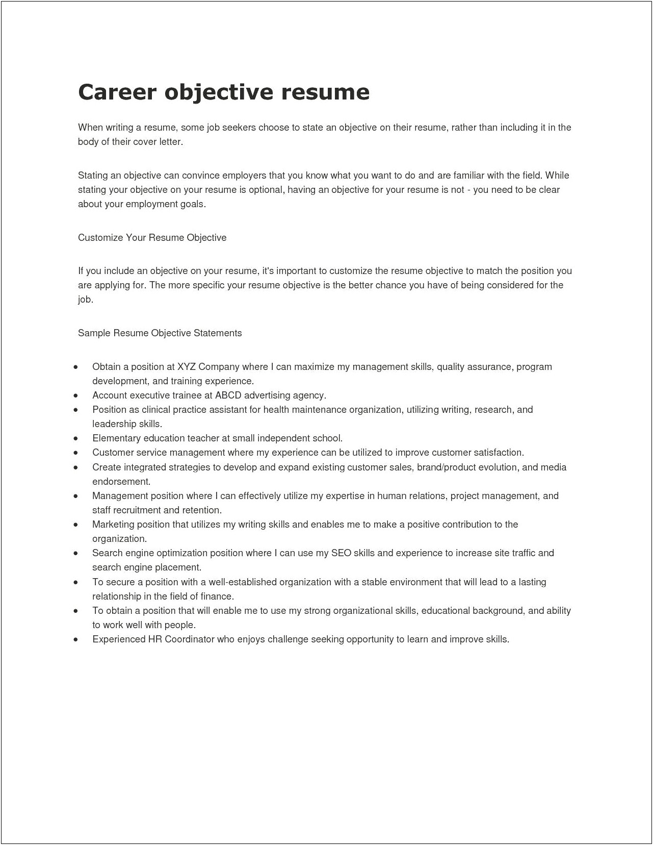 Resume Objective Examples For Job Fair