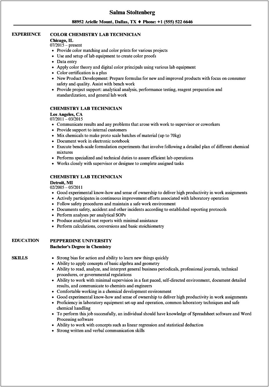Resume Objective Examples For Lab Technician