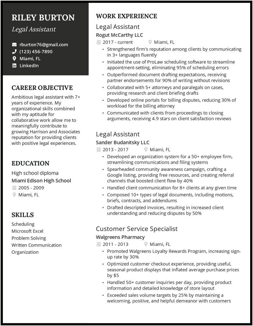 Resume Objective Examples For Legal Secretary