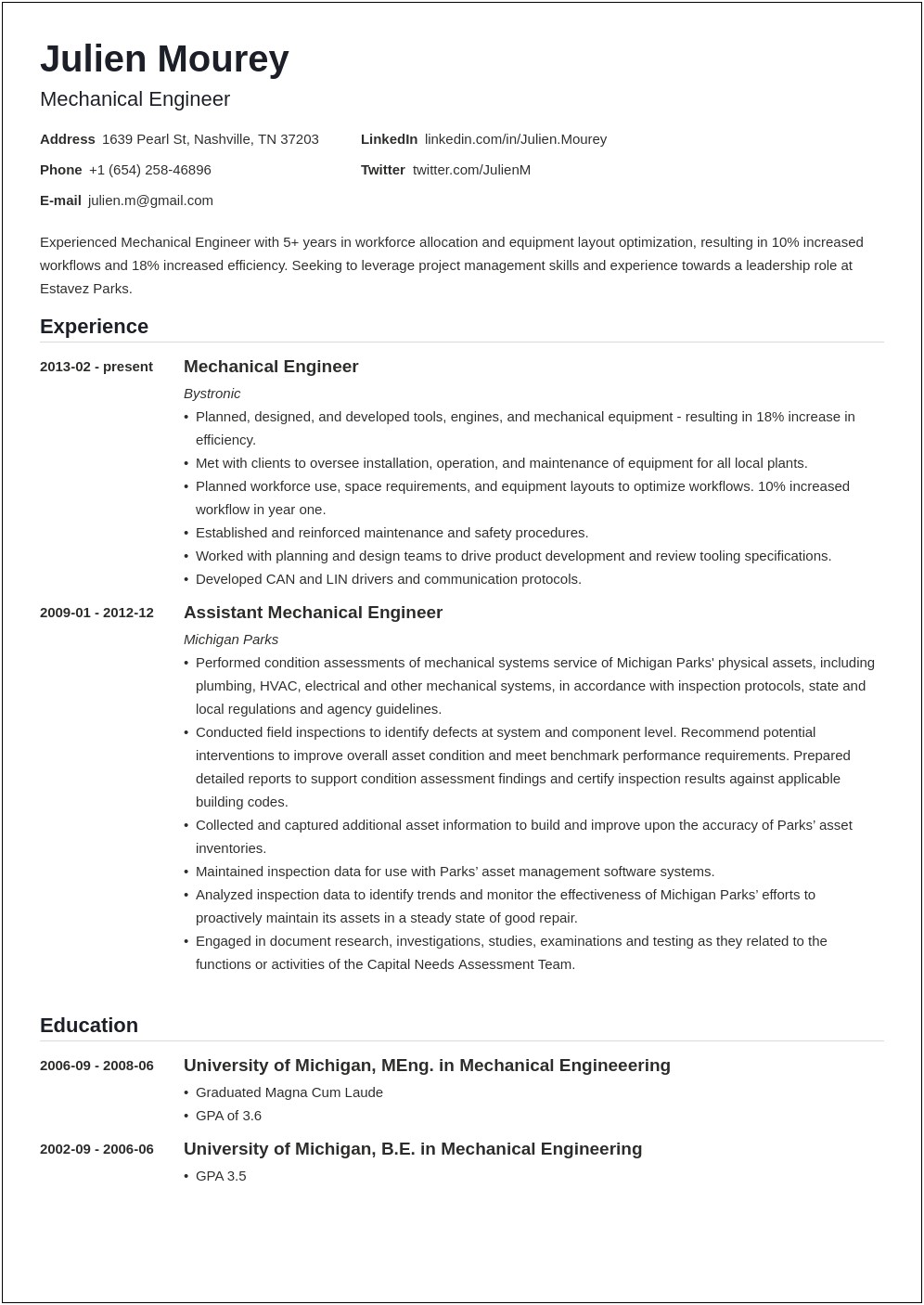 Resume Objective Examples For Mechanical Engineering