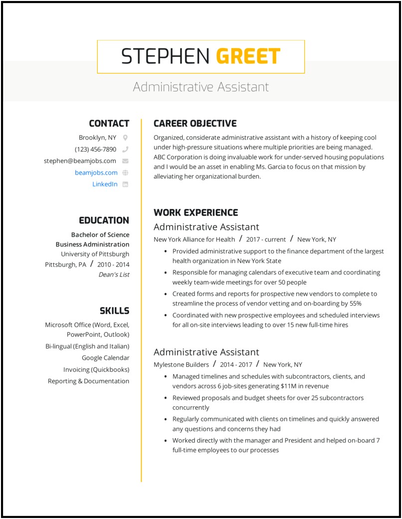 Resume Objective Examples For Office Assistant