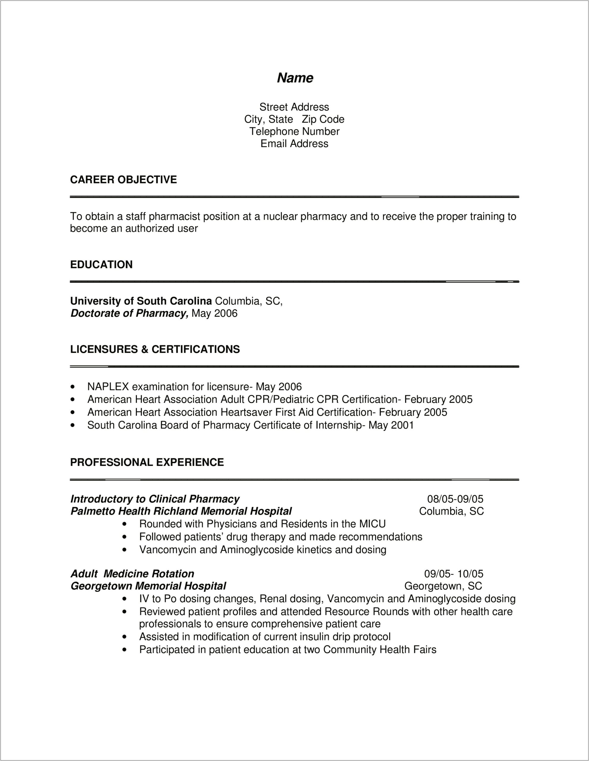 Resume Objective Examples For Pharmacist
