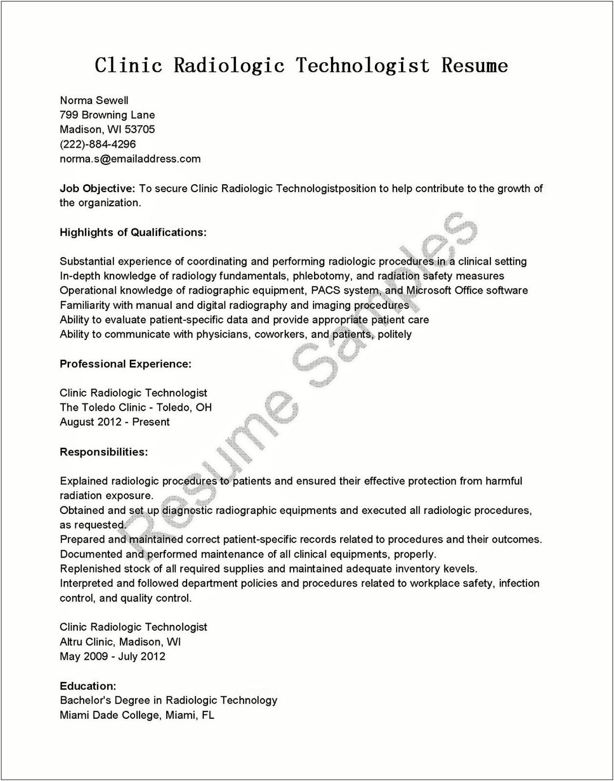 Resume Objective Examples For Radiologic Technologist