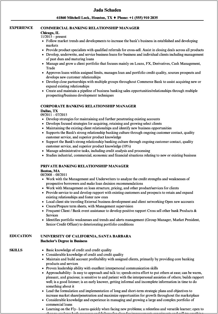 Resume Objective Examples For Relationship Banker
