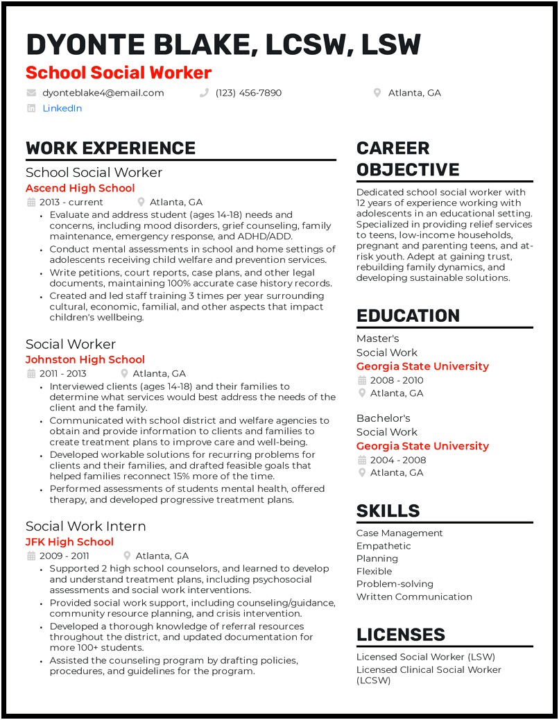 Resume Objective Examples For Social Work