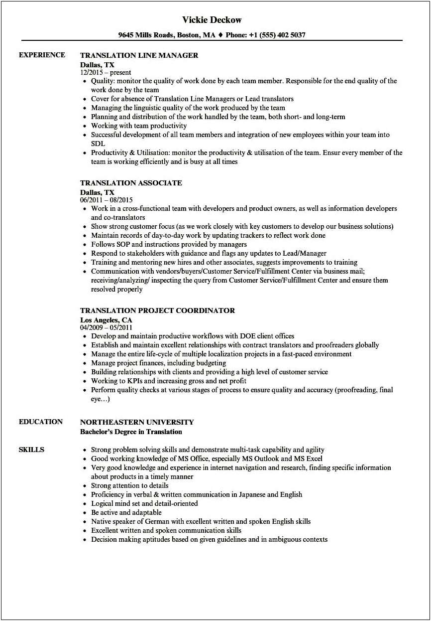 Resume Objective Examples For Translator
