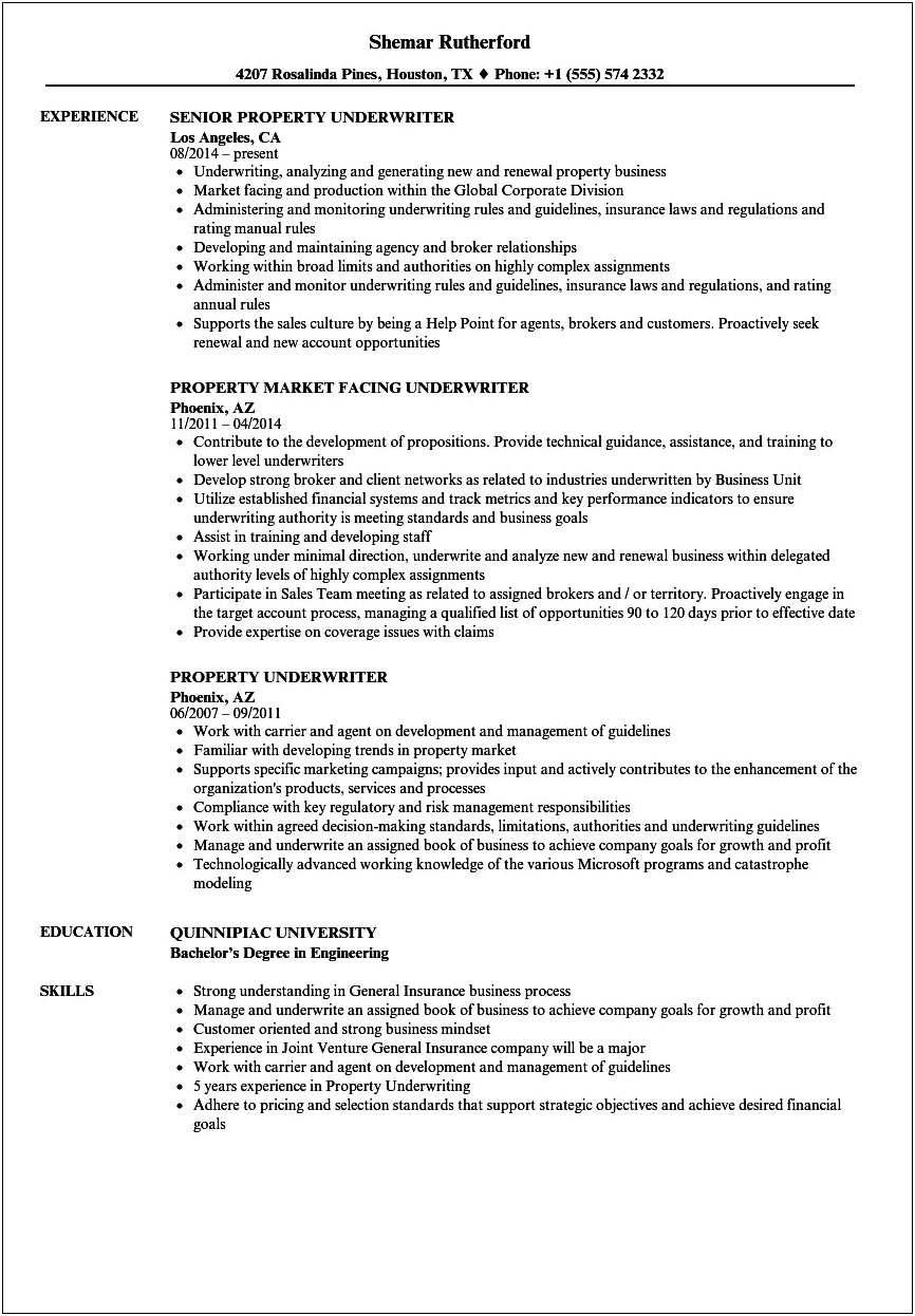 Resume Objective Examples For Underwriters
