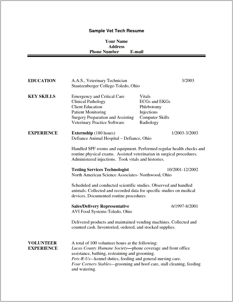 Resume Objective Examples For Veterinary
