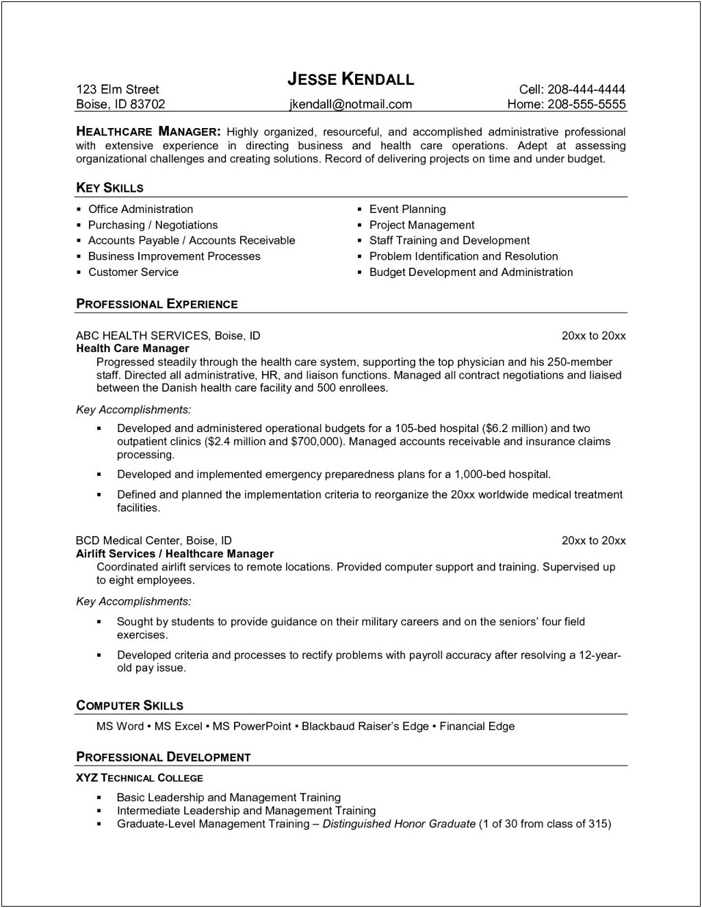 Resume Objective Examples Healthcare Management