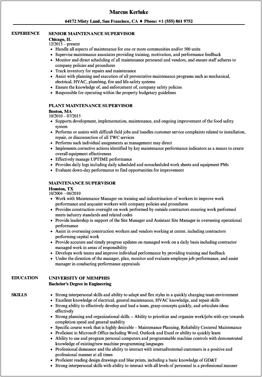 Resume Objective Examples Maintenance Supervisor