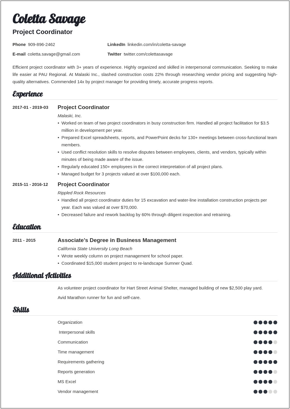 Resume Objective Examples Project Coordinator