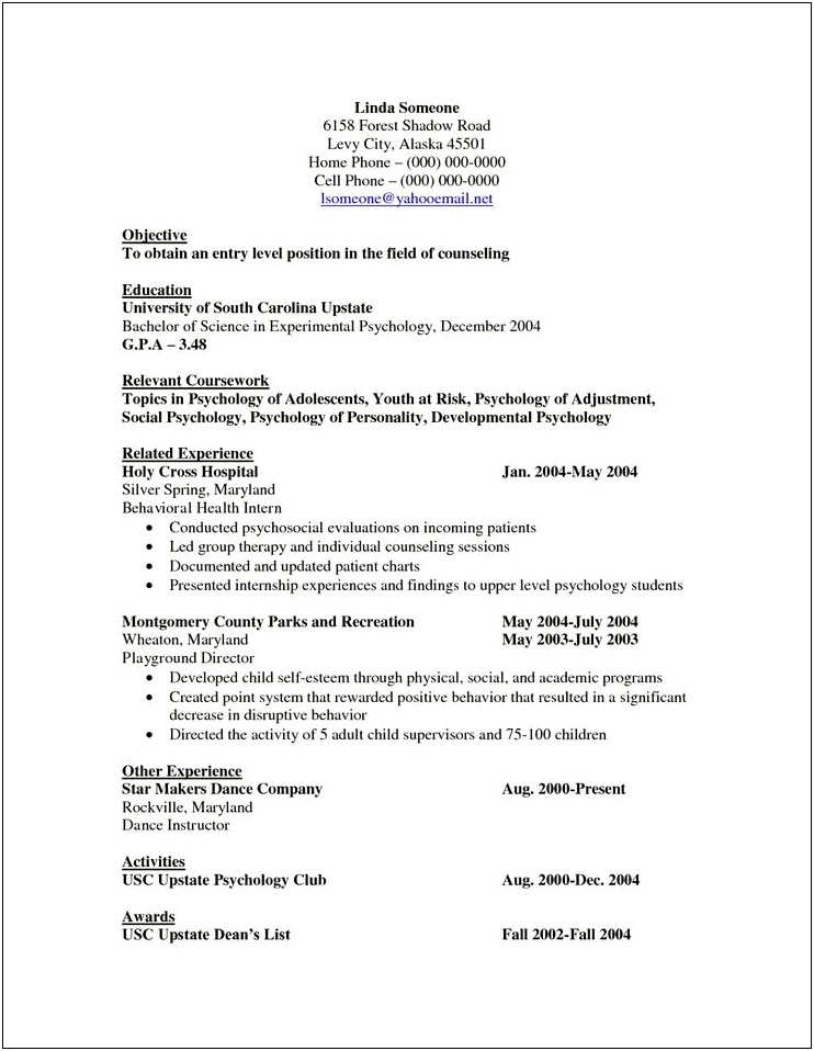 Resume Objective Examples Psychology Field