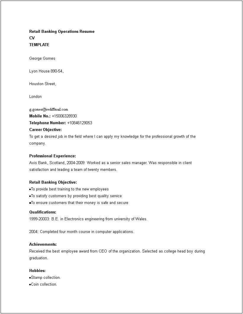 Resume Objective Examples Retail Banking