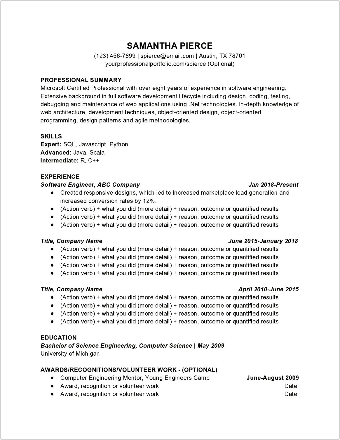 Resume Objective Experienced Software Engineer