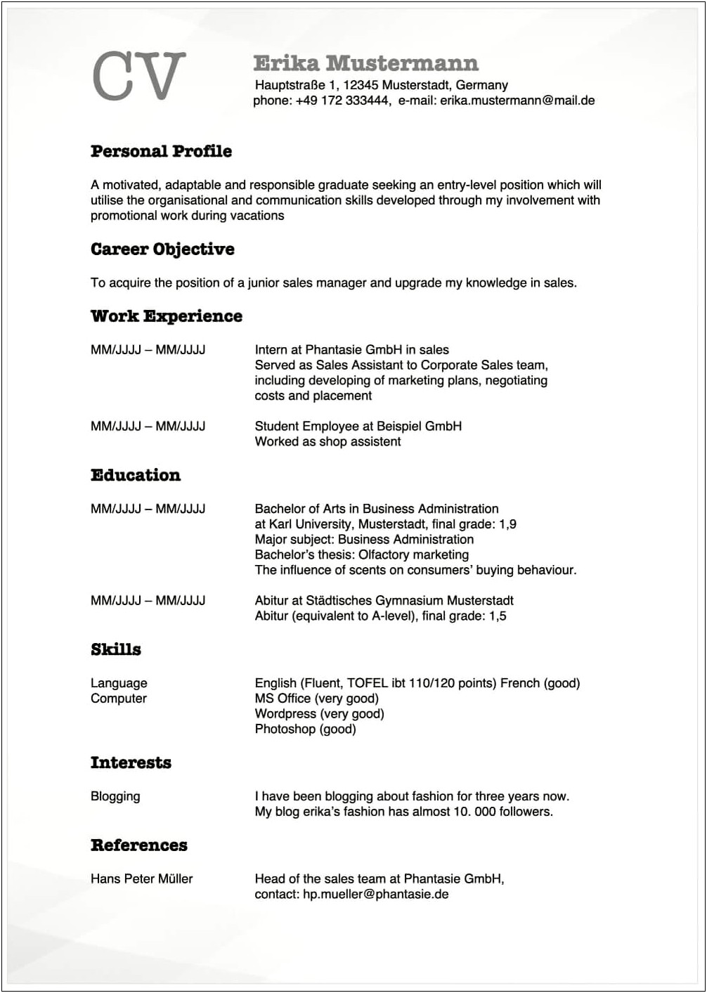 Resume Objective For A Business Major