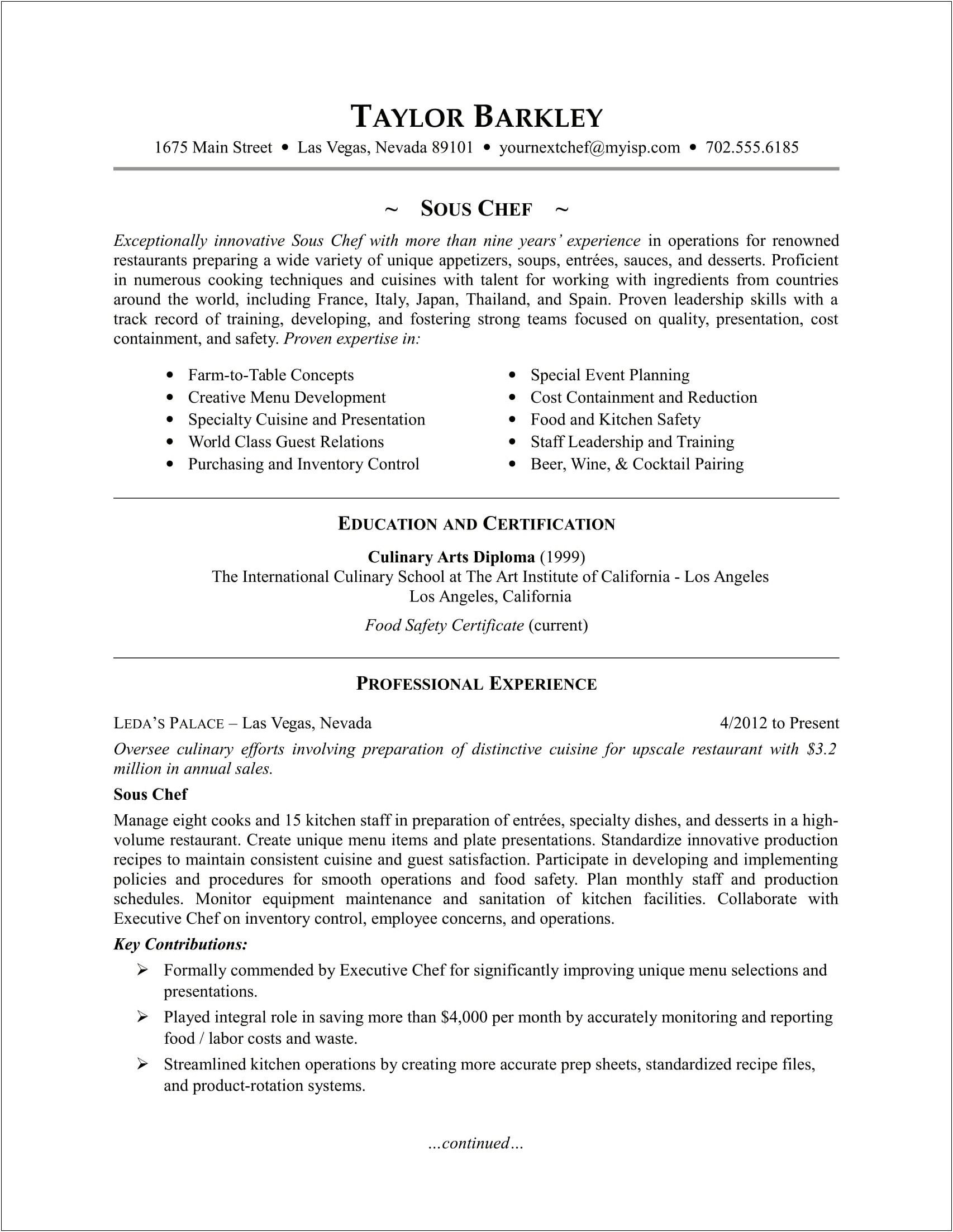 Resume Objective For A Chef