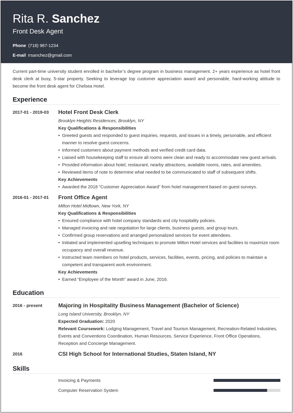 Resume Objective For A Front Desk Position