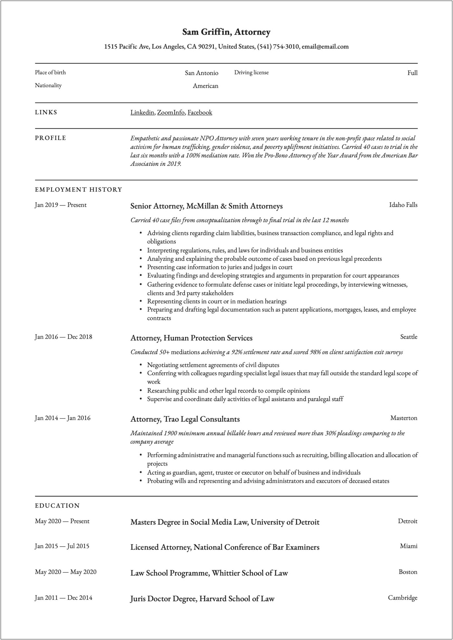 Resume Objective For A Lawyer
