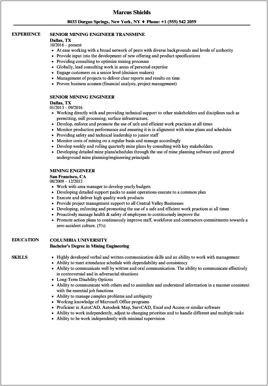 Resume Objective For A Mining Job