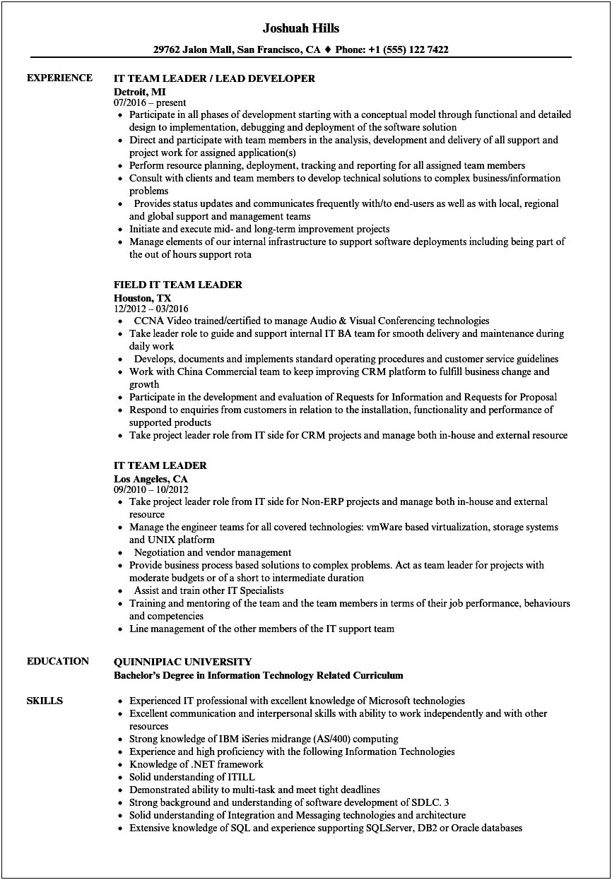 Resume Objective For A Team Lead Position